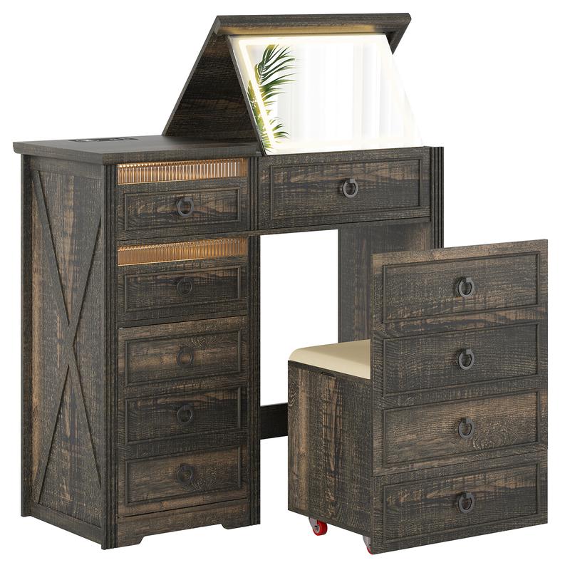 Miu Farmhouse 3 in 1 Vanity with Mirror, 3-Color Adjustable Lighting, Cushioned Stool for Bedroom Organization & Beauty Routines