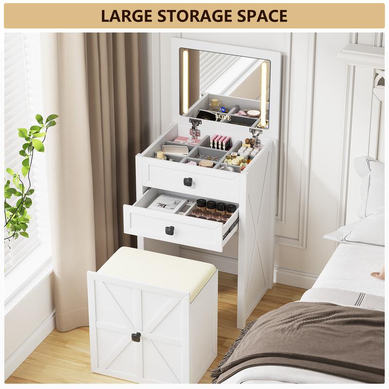Miu Farmhouse 3 in 1 Vanity with Mirror, 3-Color Adjustable Lighting, Cushioned Stool for Bedroom Organization & Beauty Routines