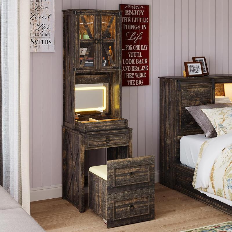 Miu Vanity Desk with Mirror, Customizable Lighting, Hidden Storage, Compact Makeup, Modern Home Bedroom Furniture