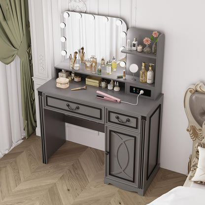 Miu Makeup Vanity with charging station and 11 LED Lights, 3 Lighting Modes, Large Mirror, Retro Edition, Dressing Table for Bedroom