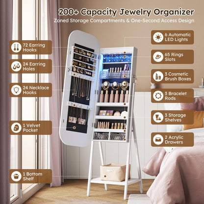 Miu LED RGB Wall-Mounted Organizer for kids junior Jewelry Cabinet with Full-Length Stand, 7-color light，Metal Brush Decor, Earring Door Frameless & Lite Mirrors