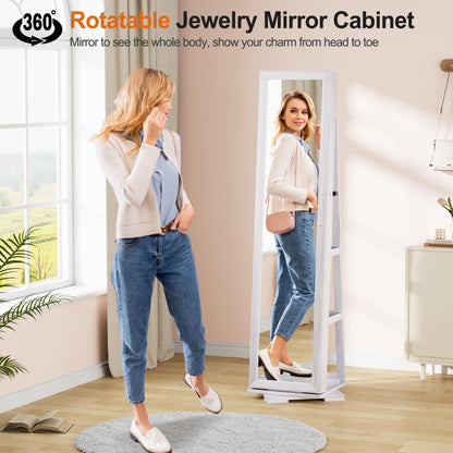 Miu 360° Swivel Jewelry Cabinet, 66” Full Length Mirror with Jewelry Storage, Standing Jewelry Organizer Armoire with Rear Storage for Bedroom