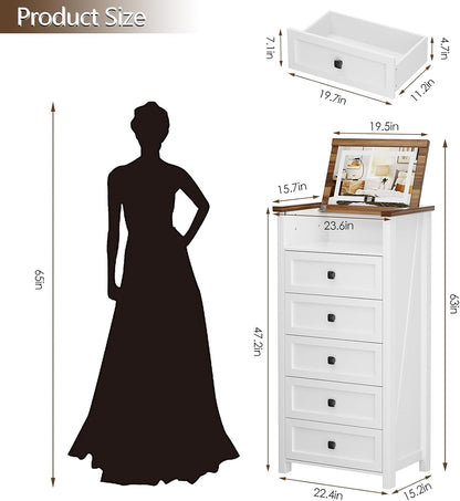 MIU Dresser with Mirror for Kids Bedroom, 47"- 63" Tall Dresser with 5 Drawer, Chest of Drawers, Farmhouse Makeup Vanity with Storage, White
