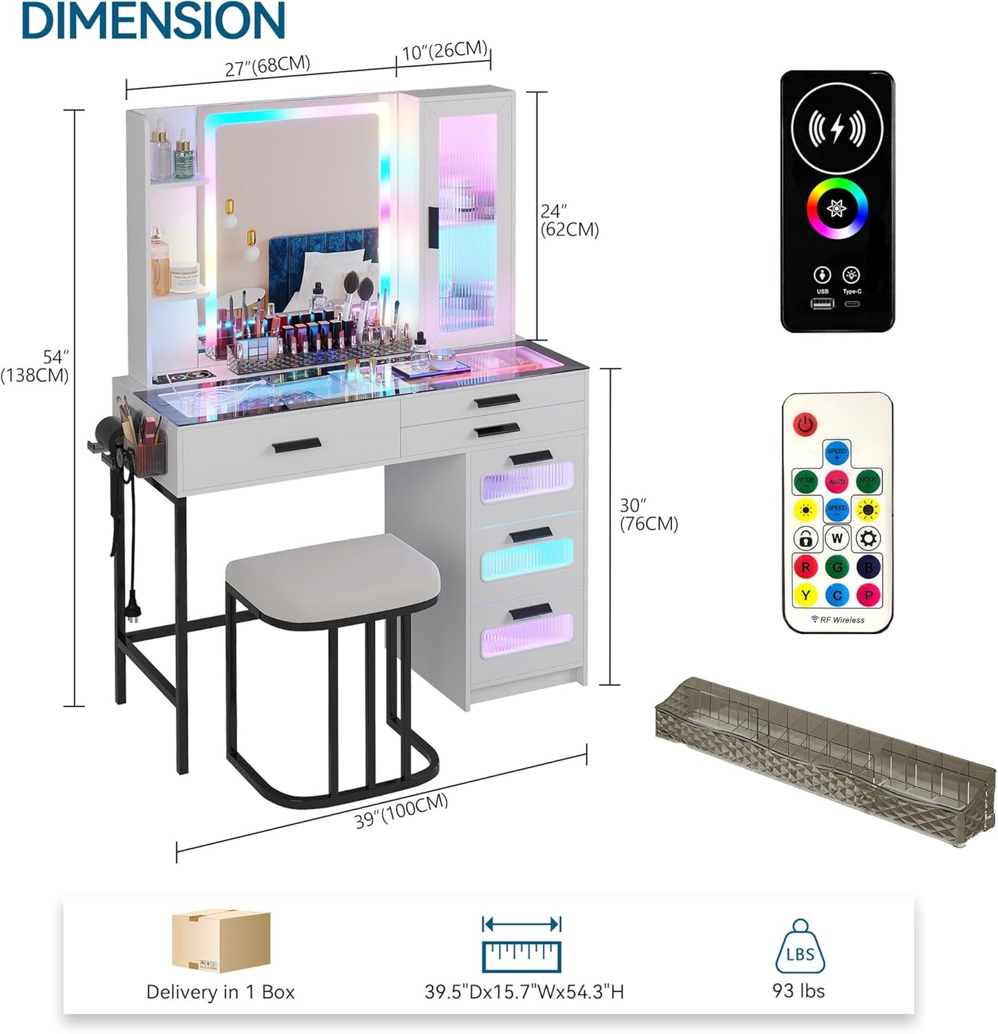 MIU Vanity with Mirror and LED Lights, Glass Top Vanity Desk with Charging Station(Wireless+USB+Type-C), RGB Makeup Table Set with Stool/Makeup Organizer/6 Drawers