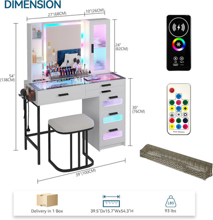 MIU Vanity with Mirror and LED Lights, Glass Top Vanity Desk with Charging Station(Wireless+USB+Type-C), RGB Makeup Table Set with Stool/Makeup Organizer/6 Drawers