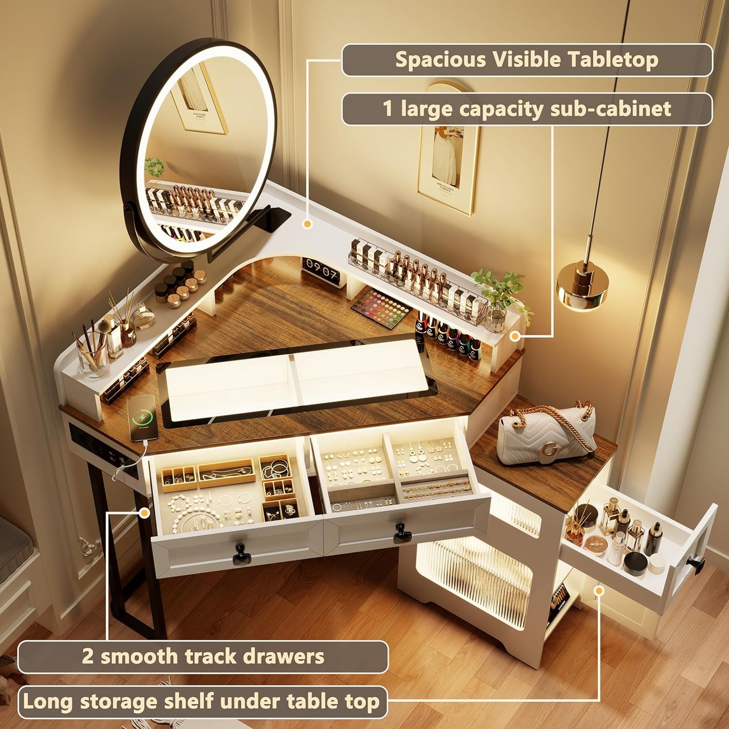 Miu Corner Vanity with Mirror and Lights, with Charging Station, Glass Top Vanity Table with Drawers and Shelves Makeup