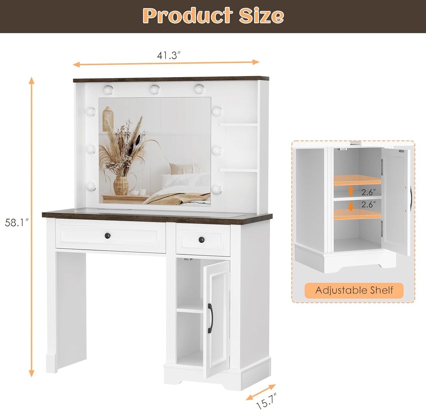 MIU Large Vanity Desk with Mirror and Lights, Farmhouse Makeup Vanity with Wireless Charging Station, White Dressing Table with 2 Drawers & Storage Cabinet for Bedroom, Dressing Room
