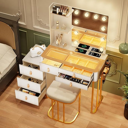 Miu Makeup Vanity Desk with Mirror and Lights, 5 Drawers&2 Shelves, Dressing Table with 10 Light Bulbs, USB Port&Human Sensor