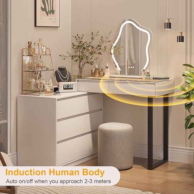 Miu Extendable Dressing Table with Drawers and Dresser, Corner Vanity Desk with Mirror and Lights, with Charging Station