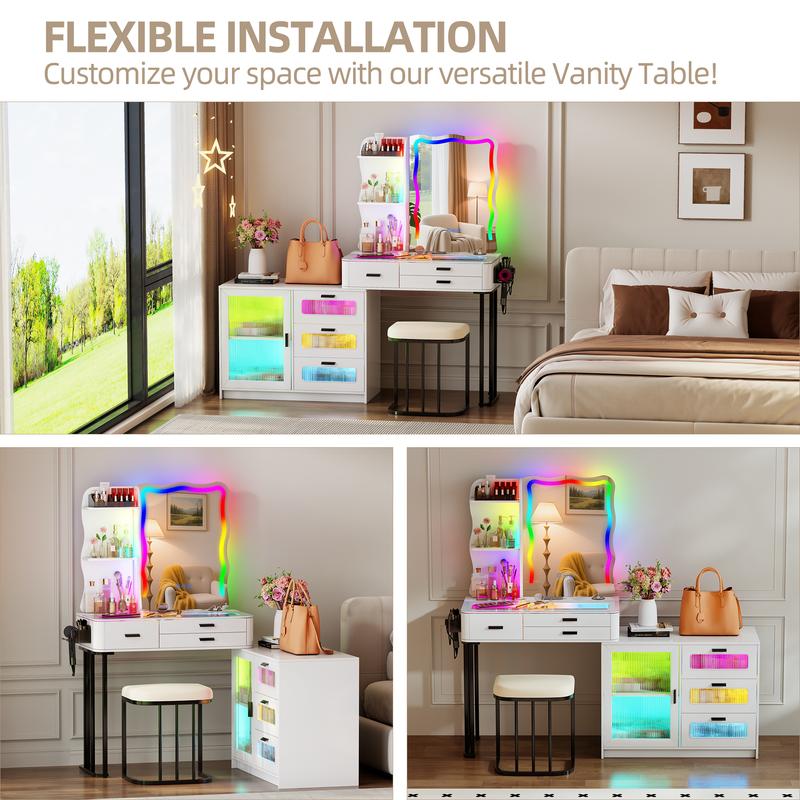 Miu Vanity Set with 7-Color RGB Lights, Wireless Charging, HD Mirror, 7-Drawer Chest & Big Storage Furniture Organizing - Modern Design Adjustable Brightness