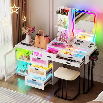 Miu Modern Makeup Vanity Set with Mirror and Lights, Large Storage Table with Drawers and Shelves, 3 in 1 Charging Station