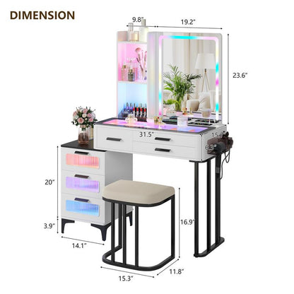 Miu Vanity Set with 24-Color RGB Lights, Wireless Charging, HD Mirror, 6-Drawer Chest & Big Storage Furniture Organizing - Modern Design Adjustable Brightness