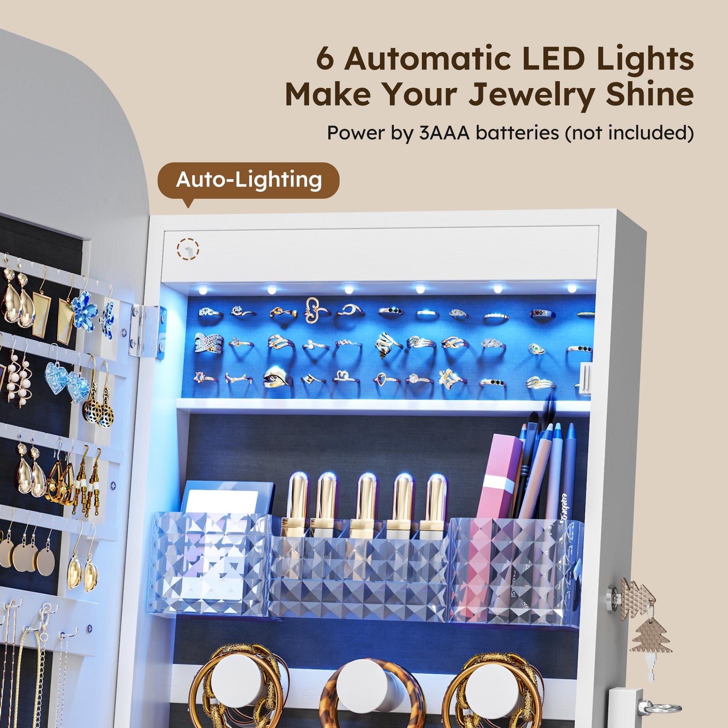 Miu LED RGB Wall-Mounted Organizer for kids junior Jewelry Cabinet with Full-Length Stand, 7-color light，Metal Brush Decor, Earring Door Frameless & Lite Mirrors