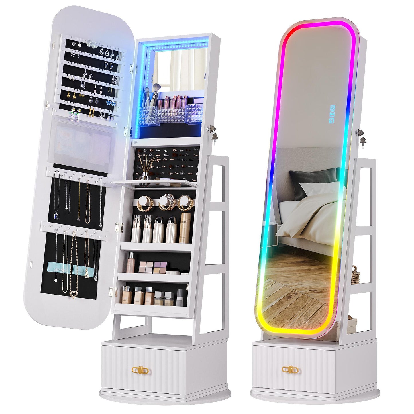 Miu Round-Corner Design Full-Length Mirror with 360° Swivel & LED-Lit Features, Bottom Drawer Storage, Lockable Design Brush Cabinet