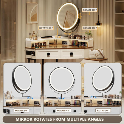 Miu Corner Vanity with Mirror and Lights, with Charging Station, Glass Top Vanity Table with Drawers and Shelves Makeup
