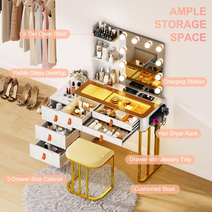 Miu Makeup Vanity Desk with Mirror and Lights, 5 Drawers&2 Shelves, Dressing Table with 10 Light Bulbs, USB Port&Human Sensor