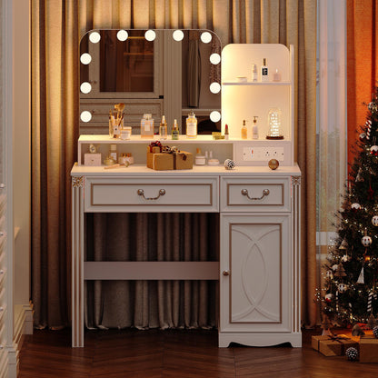Miu Makeup Vanity with Outlet and 11 LED Lights, 3 Lighting Modes, Large Mirror, Retro Edition, Dressing Table for Bedroom Cosmetic