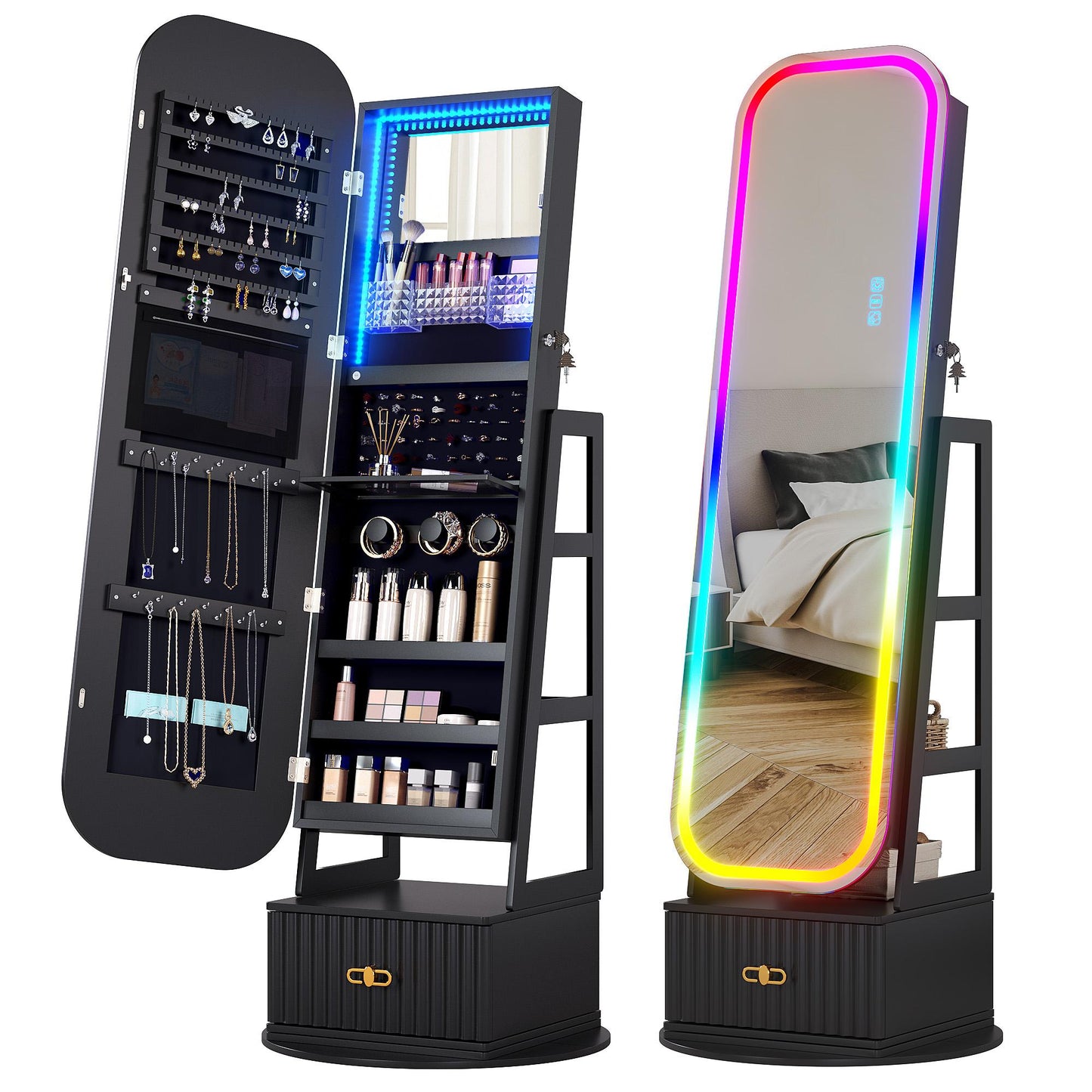 Miu Round-Corner Design Full-Length Mirror with 360° Swivel & LED-Lit Features, Bottom Drawer Storage, Lockable Design Brush Cabinet