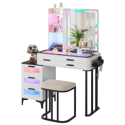 Miu Vanity Set with 24-Color RGB Lights, Wireless Charging, HD Mirror, 6-Drawer Chest & Big Storage Furniture Organizing - Modern Design Adjustable Brightness