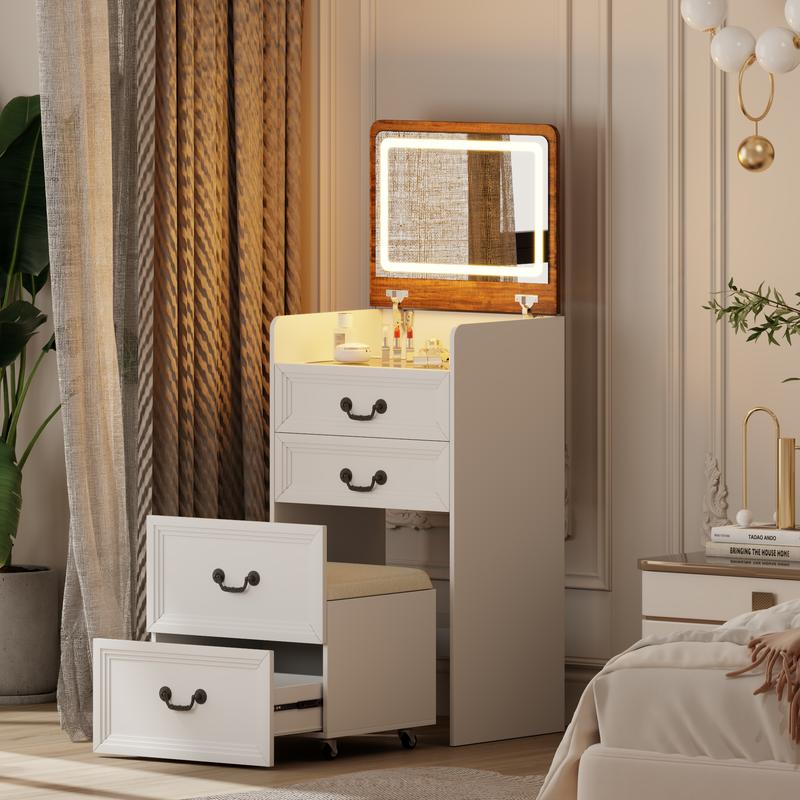 Miu small room vanity with Flip-up LED Mirror, Glass Tabletop,6-Compartment Storage Space, Soft Stool with Hidden Space & Drawer