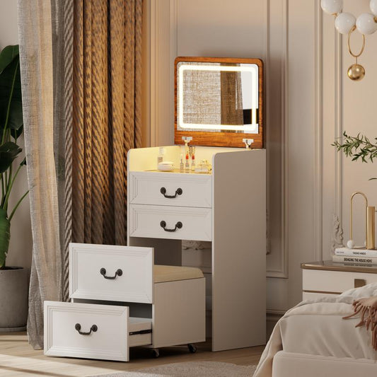 Miu small room vanity with Flip-up LED Mirror, Glass Tabletop,6-Compartment Storage Space, Soft Stool with Hidden Space & Drawer