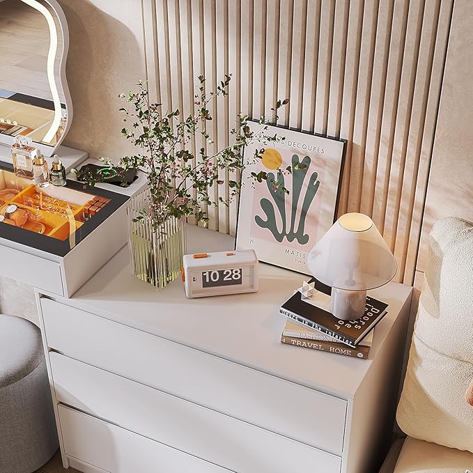 Miu Extendable Dressing Table with Drawers and Dresser, Corner Vanity Desk with Mirror and Lights, with Charging Station
