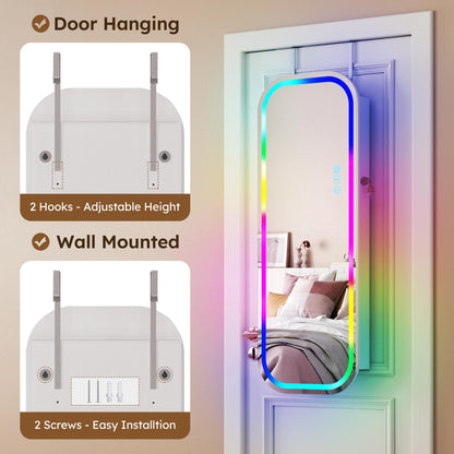 Miu LED RGB Wall-Mounted Organizer for kids junior Jewelry Cabinet with Full-Length Stand, 7-color light，Metal Brush Decor, Earring Door Frameless & Lite Mirrors