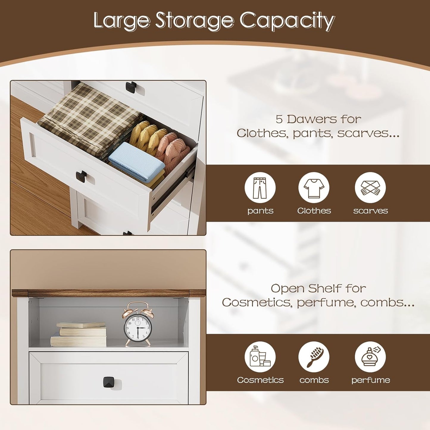 MIU Dresser with Mirror for Kids Bedroom, 47"- 63" Tall Dresser with 5 Drawer, Chest of Drawers, Farmhouse Makeup Vanity with Storage, White
