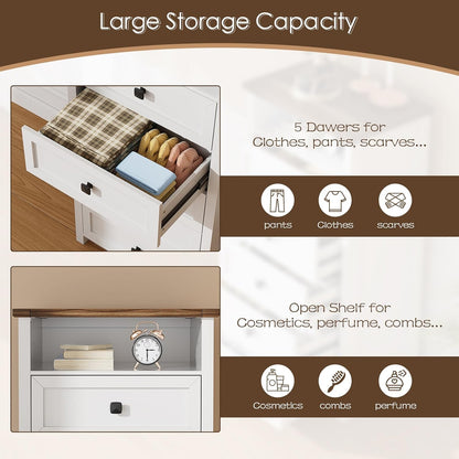 MIU Dresser with Mirror for Kids Bedroom, 47"- 63" Tall Dresser with 5 Drawer, Chest of Drawers, Farmhouse Makeup Vanity with Storage, White