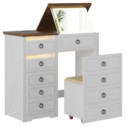 Miu Farmhouse 3 in 1 Vanity with Mirror, 3-Color Adjustable Lighting, Cushioned Stool for Bedroom Organization & Beauty Routines