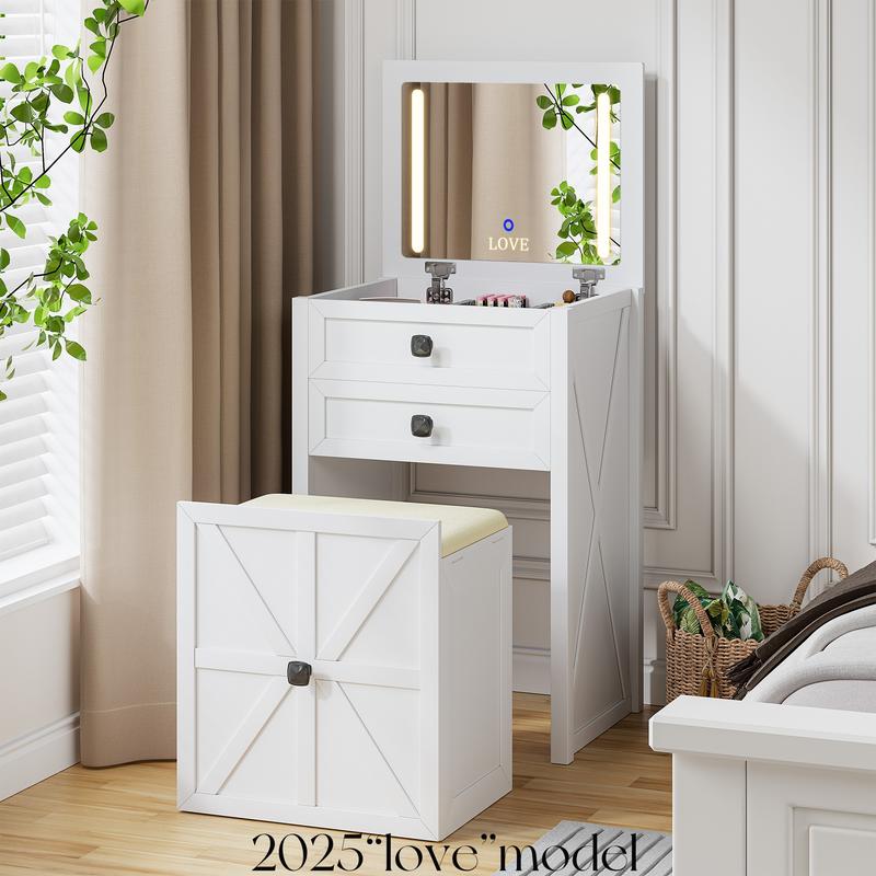 Miu small room vanity with Flip-up LED Mirror, Glass Tabletop,6-Compartment Storage Space, Soft Stool with Hidden Space & Drawer