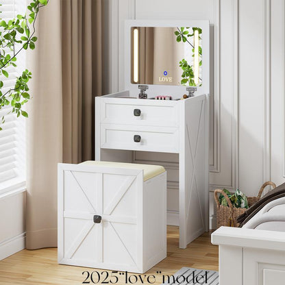 Miu small room vanity with Flip-up LED Mirror, Glass Tabletop,6-Compartment Storage Space, Soft Stool with Hidden Space & Drawer