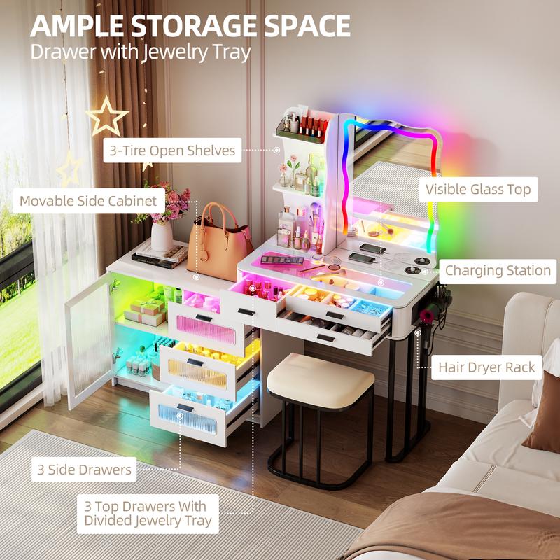 Miu Vanity Set with 7-Color RGB Lights, Wireless Charging, HD Mirror, 7-Drawer Chest & Big Storage Furniture Organizing - Modern Design Adjustable Brightness