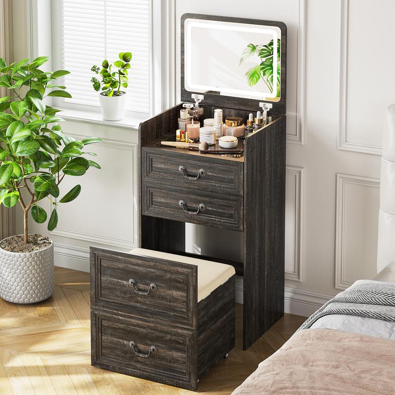 Miu small room vanity with Flip-up LED Mirror, Glass Tabletop,6-Compartment Storage Space, Soft Stool with Hidden Space & Drawer