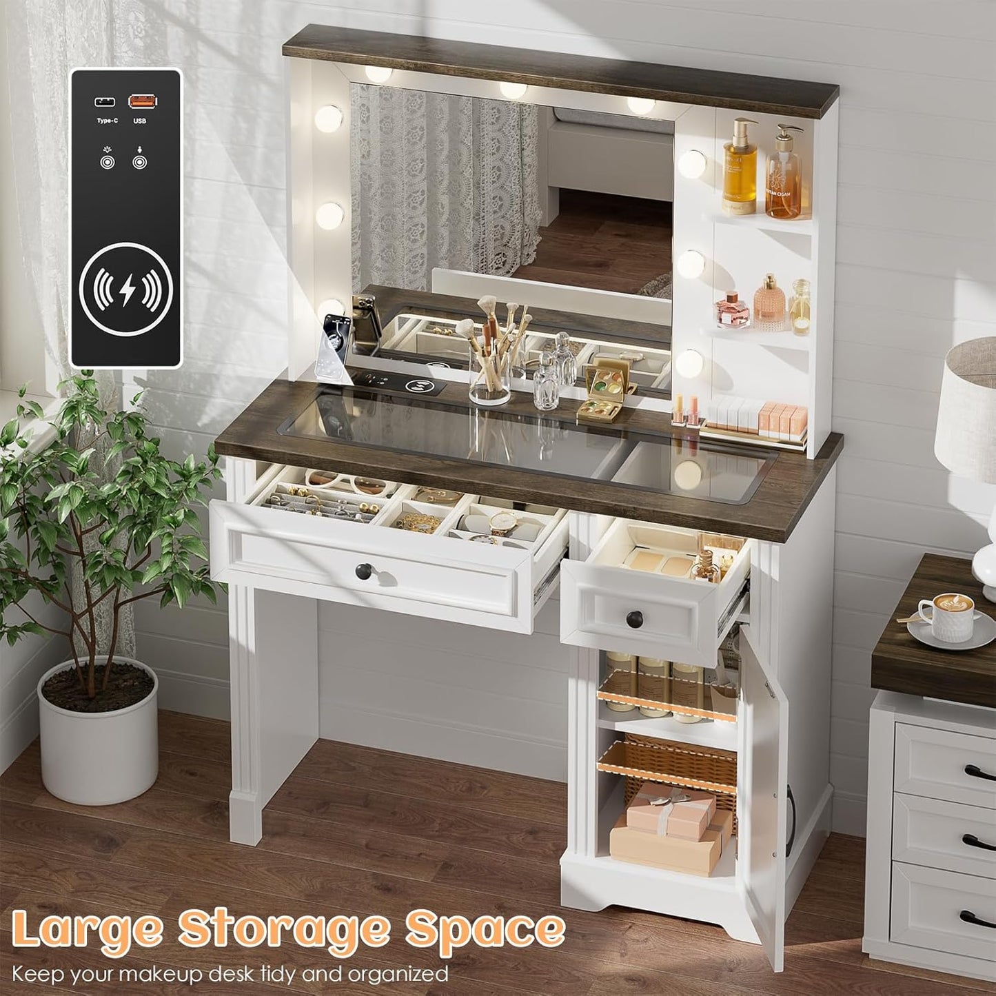 MIU Large Vanity Desk with Mirror and Lights, Farmhouse Makeup Vanity with Wireless Charging Station, White Dressing Table with 2 Drawers & Storage Cabinet for Bedroom, Dressing Room