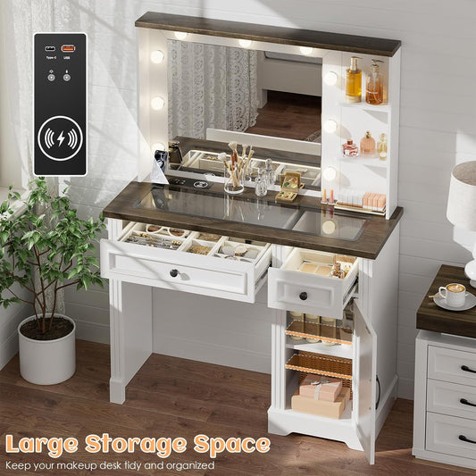 MIU Large Vanity Desk with Mirror and Lights, Farmhouse Makeup Vanity with Wireless Charging Station, White Dressing Table with 2 Drawers & Storage Cabinet for Bedroom, Dressing Room