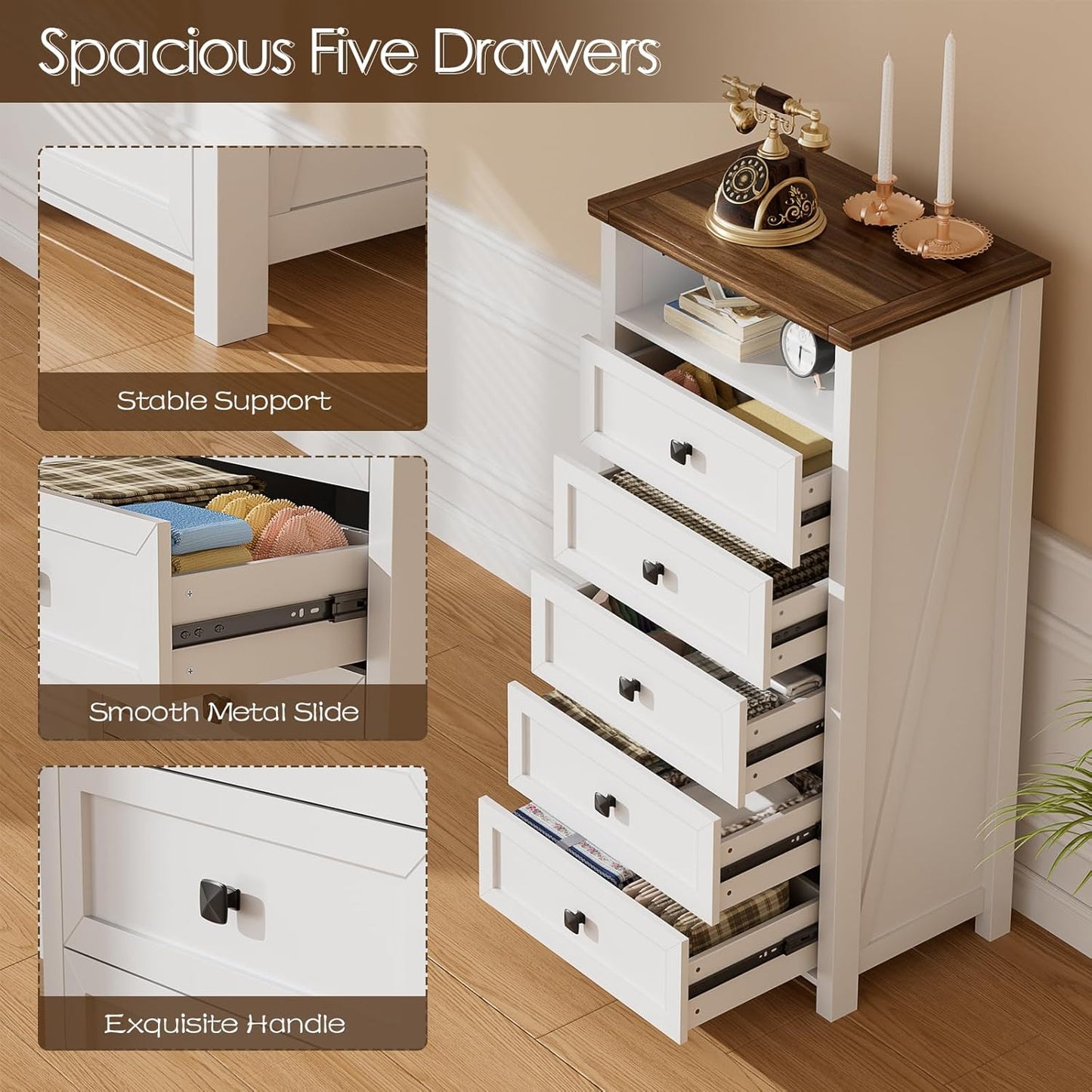 MIU Dresser with Mirror for Kids Bedroom, 47"- 63" Tall Dresser with 5 Drawer, Chest of Drawers, Farmhouse Makeup Vanity with Storage, White