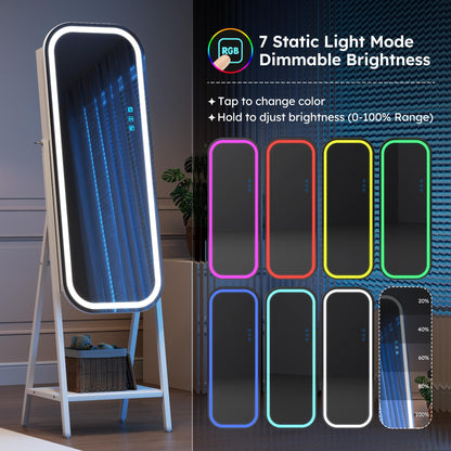 Miu LED RGB Wall-Mounted Organizer for kids junior Jewelry Cabinet with Full-Length Stand, 7-color light，Metal Brush Decor, Earring Door Frameless & Lite Mirrors