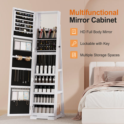 Miu 360° Swivel Jewelry Cabinet, 66” Full Length Mirror with Jewelry Storage, Standing Jewelry Organizer Armoire with Rear Storage for Bedroom