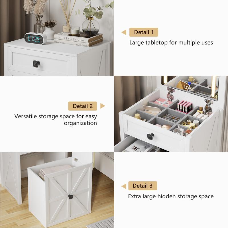 Miu Farmhouse 3 in 1 Vanity with Mirror, 3-Color Adjustable Lighting, Cushioned Stool for Bedroom Organization & Beauty Routines