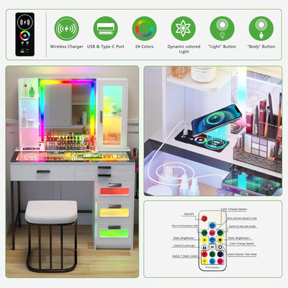 MIU Vanity with Mirror and LED Lights, Glass Top Vanity Desk with Charging Station(Wireless+USB+Type-C), RGB Makeup Table Set with Stool/Makeup Organizer/6 Drawers