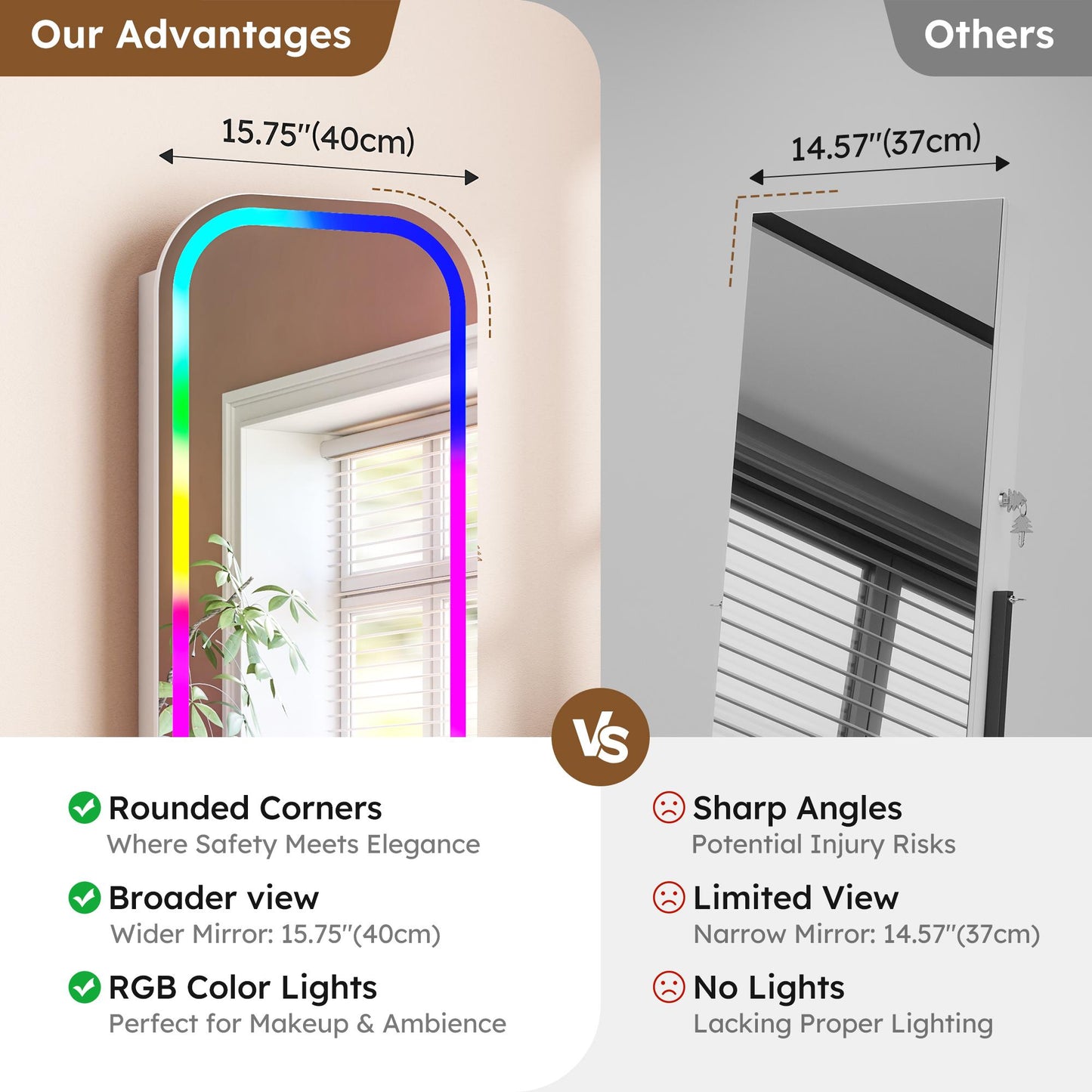 Miu LED RGB Wall-Mounted Organizer for kids junior Jewelry Cabinet with Full-Length Stand, 7-color light，Metal Brush Decor, Earring Door Frameless & Lite Mirrors