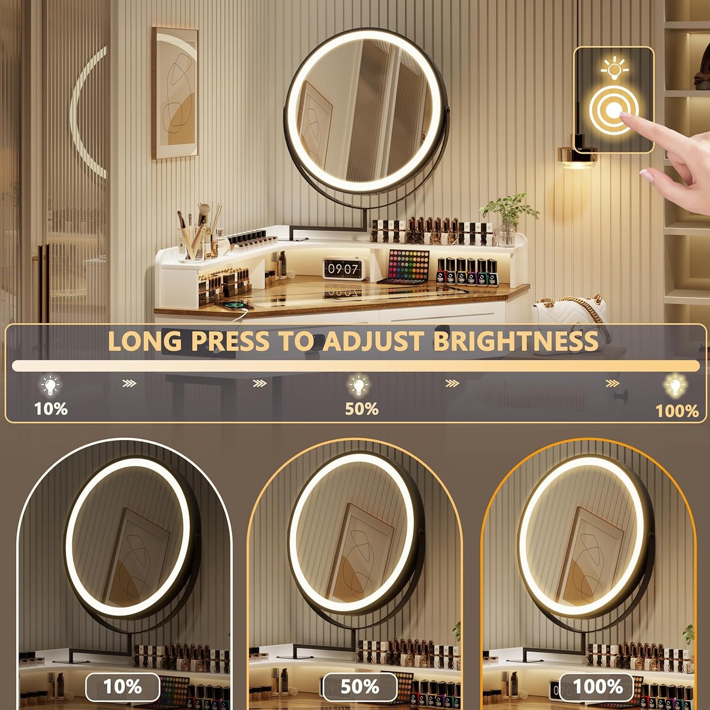 Miu Corner Vanity with Mirror and Lights, with Charging Station, Glass Top Vanity Table with Drawers and Shelves Makeup