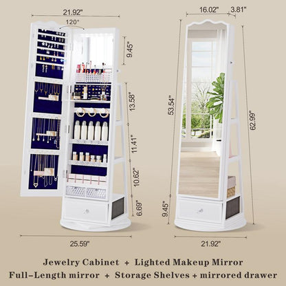 Miu Standing Full-Length Mirror with Jewelry Storage Armoire Box Organizer, 3-in-1 LED Lights, 360° Rotating Cabinet Decor Multicolor