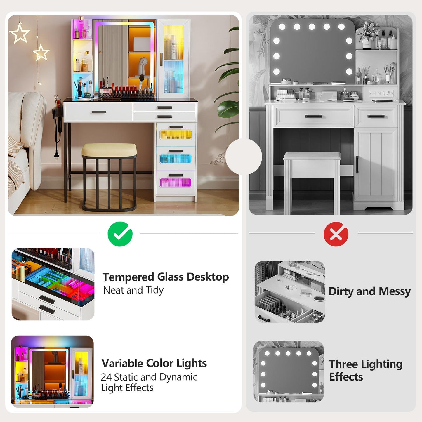MIU Vanity with Mirror and LED Lights, Glass Top Vanity Desk with Charging Station(Wireless+USB+Type-C), RGB Makeup Table Set with Stool/Makeup Organizer/6 Drawers