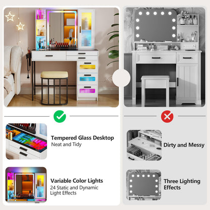 MIU Vanity with Mirror and LED Lights, Glass Top Vanity Desk with Charging Station(Wireless+USB+Type-C), RGB Makeup Table Set with Stool/Makeup Organizer/6 Drawers