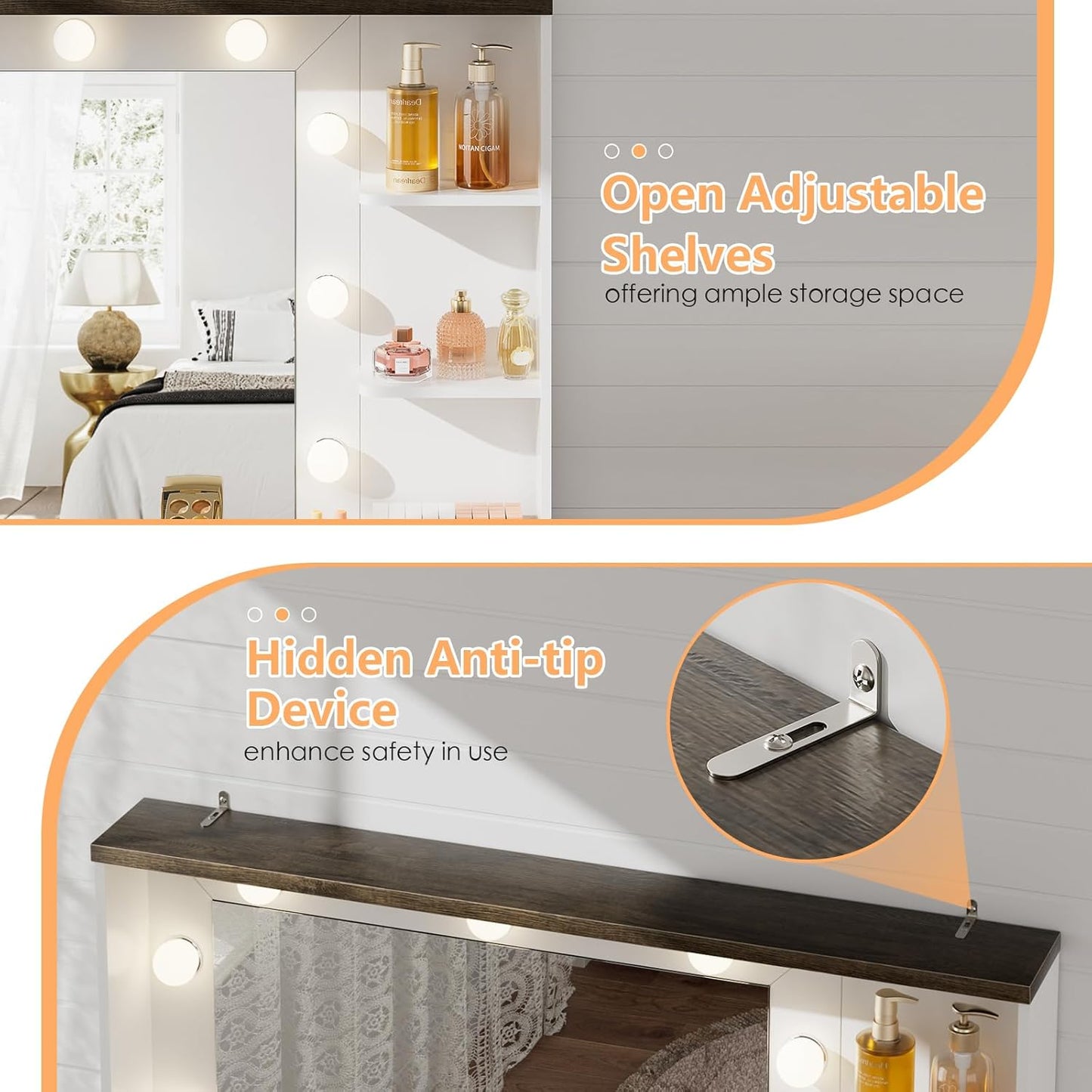 MIU Large Vanity Desk with Mirror and Lights, Farmhouse Makeup Vanity with Wireless Charging Station, White Dressing Table with 2 Drawers & Storage Cabinet for Bedroom, Dressing Room