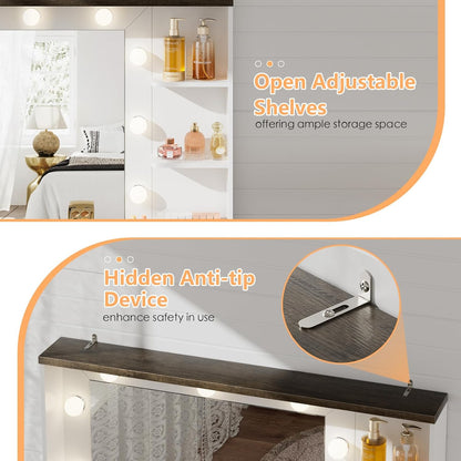 MIU Large Vanity Desk with Mirror and Lights, Farmhouse Makeup Vanity with Wireless Charging Station, White Dressing Table with 2 Drawers & Storage Cabinet for Bedroom, Dressing Room