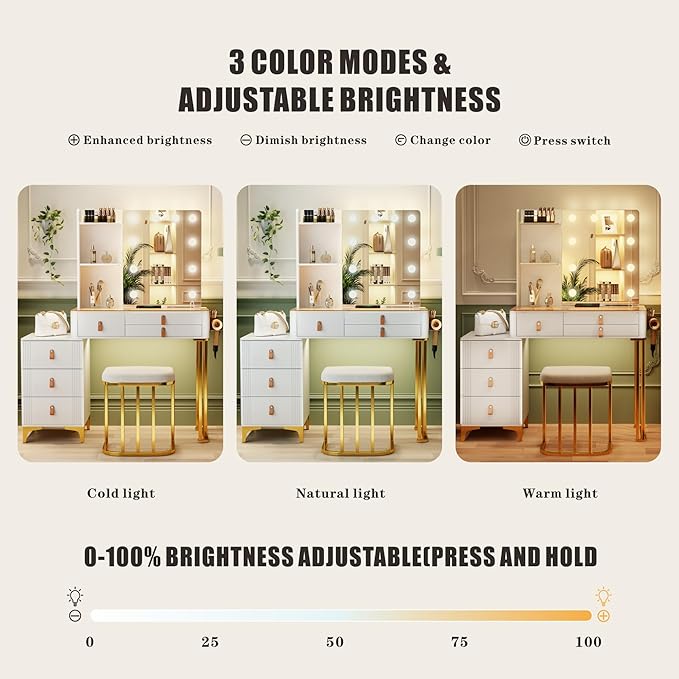 Miu Makeup Vanity Desk with Mirror and Lights, 5 Drawers&2 Shelves, Dressing Table with 10 Light Bulbs, USB Port&Human Sensor