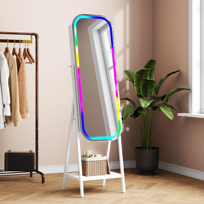 Miu LED RGB Wall-Mounted Organizer for kids junior Jewelry Cabinet with Full-Length Stand, 7-color light，Metal Brush Decor, Earring Door Frameless & Lite Mirrors